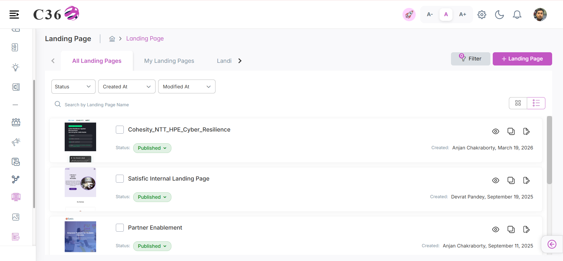 Landing page actions